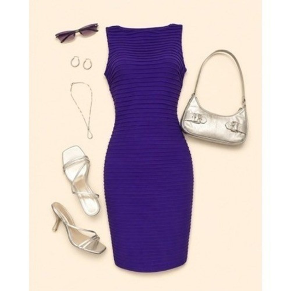 Cache Vintage Y2K Purple Pleated‎ Sheath Bodycon Midi Dress Women's Size 8